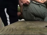 boy cumming in ass on a bench