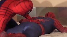 Two gay Spider-Man cosplayers get frisky in their hotel room