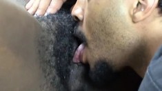 Fat black bitch with a thick bush gets eaten out and fucked hard